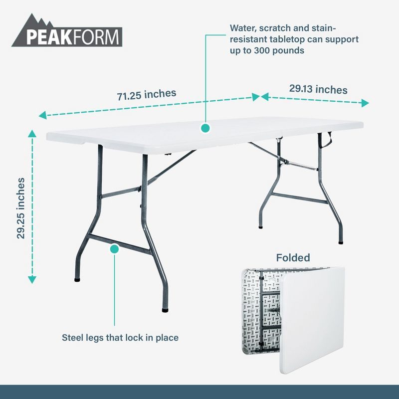 Peakform Multipurpose Banquet Fold-In-Half Table Lightweight Durable Desk with Secure Base for Indoor and Outdoor Events, 6 Foot, White