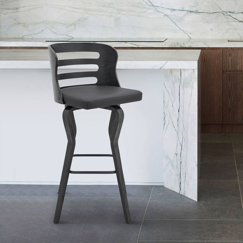 26" Verne Counter Height Barstool with Faux Leather and Wood Finish Black/Gray - Armen Living: Swivel, Indoor Use