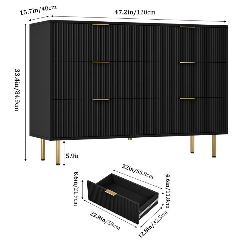 Garvee Fluted Wood Dresser 6 Drawers Dresser for Bedroom, Large Modern Chest of Drawers, Black Dresser with Gold Handle,for Living Room, Hallway