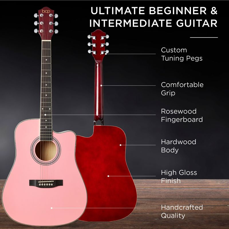 Best Choice Products 41in Full Size Beginner Acoustic Guitar Set with Case, Strap, Capo, Strings - Pink