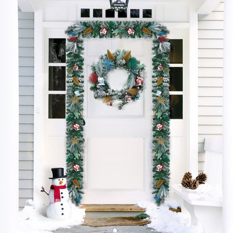24 Inch Christmas Wreaths for Front Door, Xmas Village Wreath with Tree and Little House Decorations