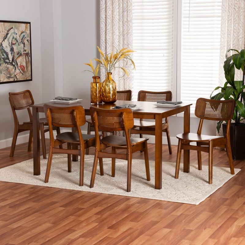 Baxton Studio Estera Mid-Century Modern Walnut Brown Finished Wood and Rattan 7-Piece Dining Set