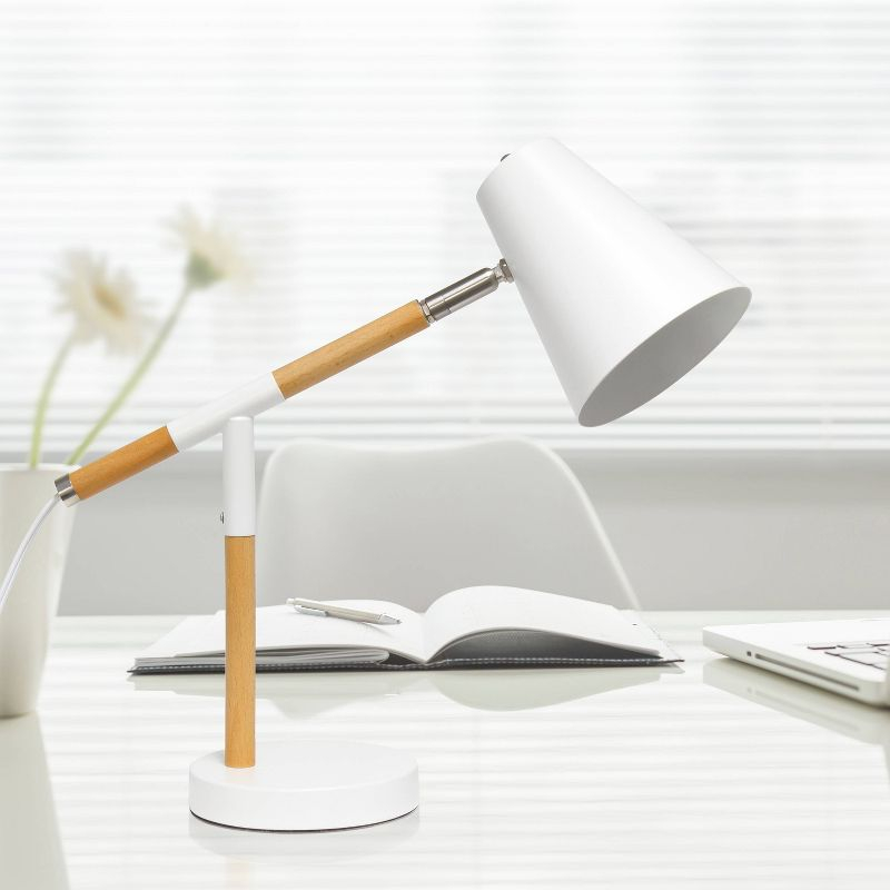 Simple Designs Wooden Pivot Desk Lamp White: ETL Listed, Adjustable Neck, Metal Shade, No Assembly Required