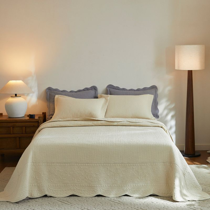 Marcielo 3-Pcs 100% Cotton Oversized Quilt Bedspread Set TG Khaki Beige Queen