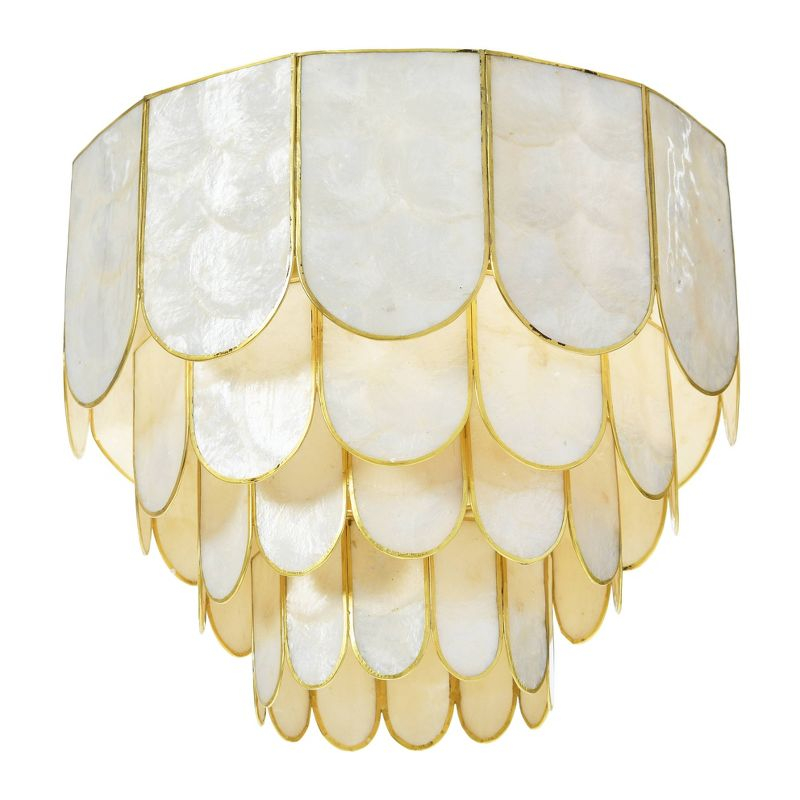 Storied Home 14" Round 4-Tier Capiz and Metal Flush Mount Ceiling Light Gold: Artisan Crafted, ETL Listed, Iron Body