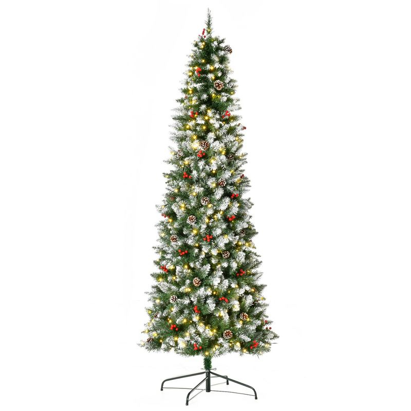 HOMCOM 7.5 FT Pre-Lit Snow-Dipped Artificial Christmas Tree with Realistic Branches, 350 LED Lights, Pine Cones, Red Berries and 1075 Tips