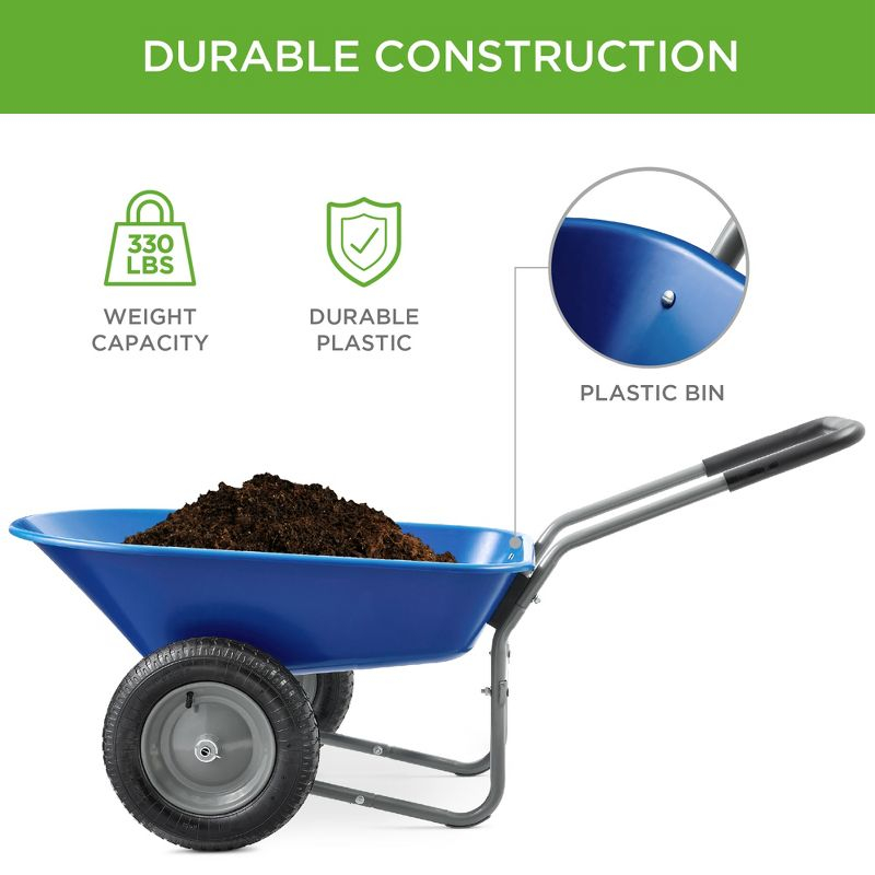 Best Choice Products Dual-Wheel Home Wheelbarrow Yard Garden Cart for Lawn, Construction - Blue