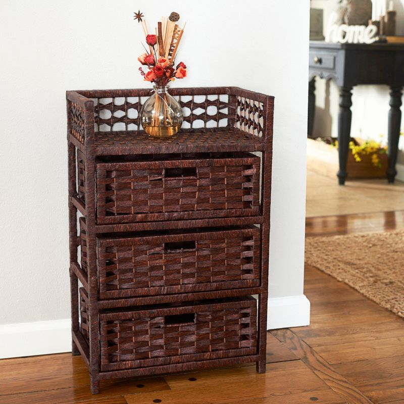Woven 3 Drawer Chest with Cutout Handles, Paper Rope Stained