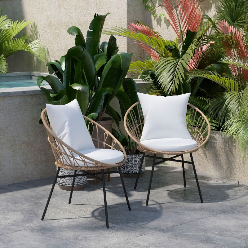 Flash Furniture Devon Set of 2 Indoor/Outdoor Modern Papasan Patio Chairs, Rope with Tan Finish PE Wicker Rattan and Light Gray Cushions