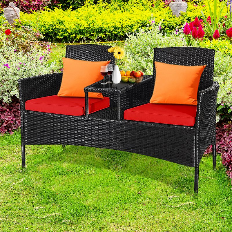 Tangkula Outdoor Rattan Furniture Wicker Patio Conversation Chair W/Cushion Red