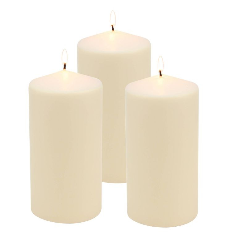 Stonebriar 3pk Tall 3'' x 6'' 65 Hour Long Burning Unscented Ivory Wax Pillar Candle