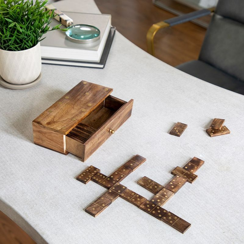 Sagebrook Home Wooden Dominoes Set - Wooden and Brass Domino Set in Brown - Game and Storage Case - Family Game Night