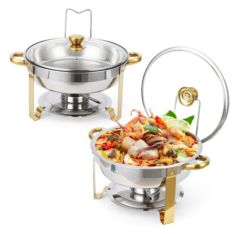 WhizMax Chafing Dish Buffet Set 2 Pack 5QT, Stainless Steel Round Chafing Dishes for Buffet with Lid Holder & Glass Lid, Gold