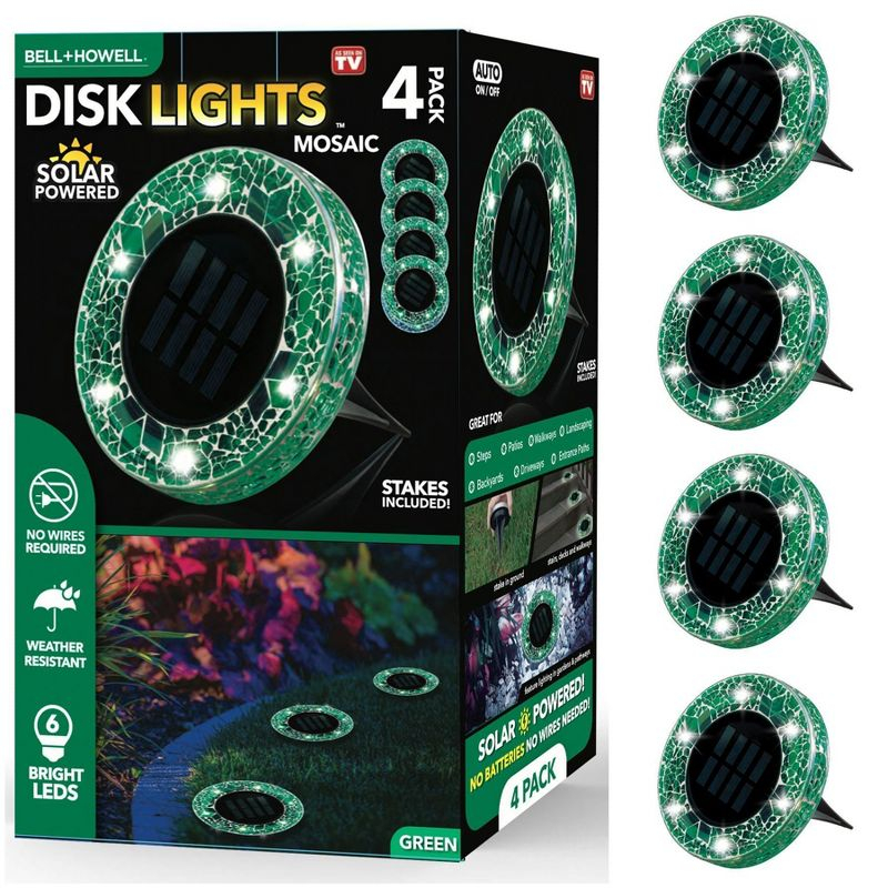 Bell + Howell 6 LED Round Green Mosaic Solar Powered Disk Lights with Auto On/Off - 4 Pack