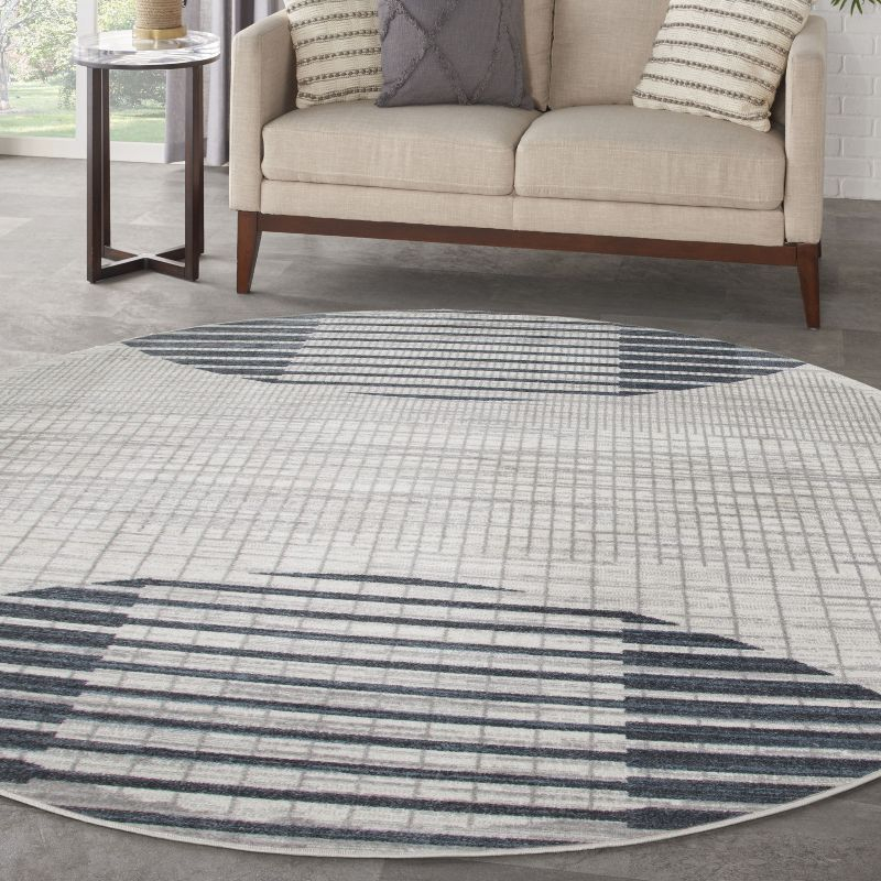 Nourison Astra Machine Washable Semi Circles Mid-Century Modern Indoor Rug Ivory Blue 5'3"xRound