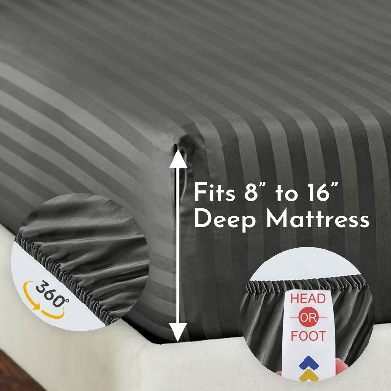 Fitted Sheet Only, Striped 500 Thread Count 100% Cotton Sateen, Deep Pocket by California Design Den - Stripe - Grey, Queen