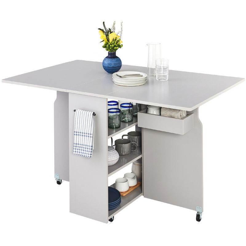 Best Choice Products Multipurpose Folding Table w/ Wheels, 3 Storage Shelves, Cubby, Handle - Cement Gray