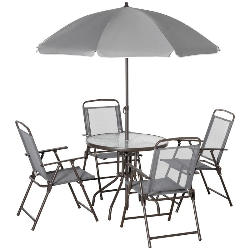 Outsunny 6 Piece Patio Dining Set for 4 with Umbrella, 4 Folding Dining Chairs & Round Glass Table for Garden, Backyard, and Poolside, Gray