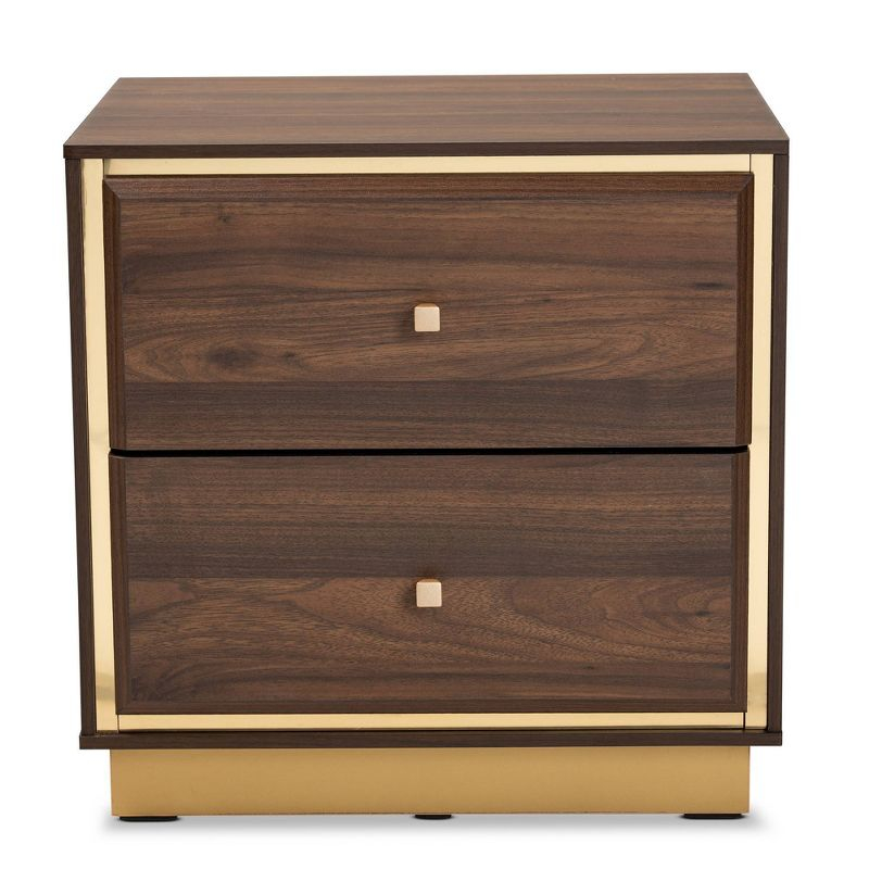 Cormac Wood & Metal Nightstand: Tapered Knobs, Storage, Walnut/Gold - Baxton Studio