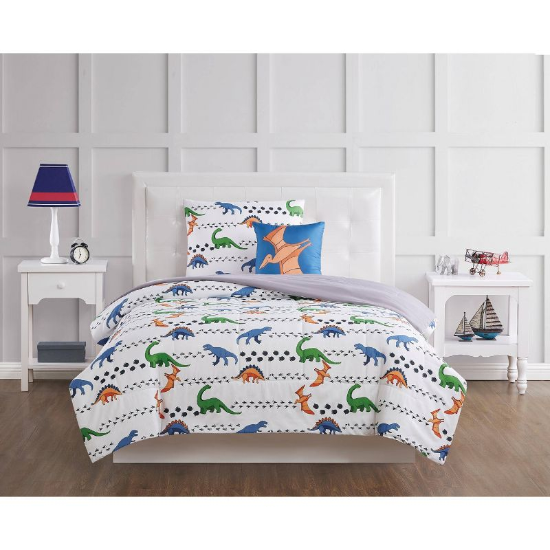 Twin 3pc Dino Tracks Reversible Kids' Comforter Set White - My World: Dinosaur Bedding for Boys, Includes Pillow Sham