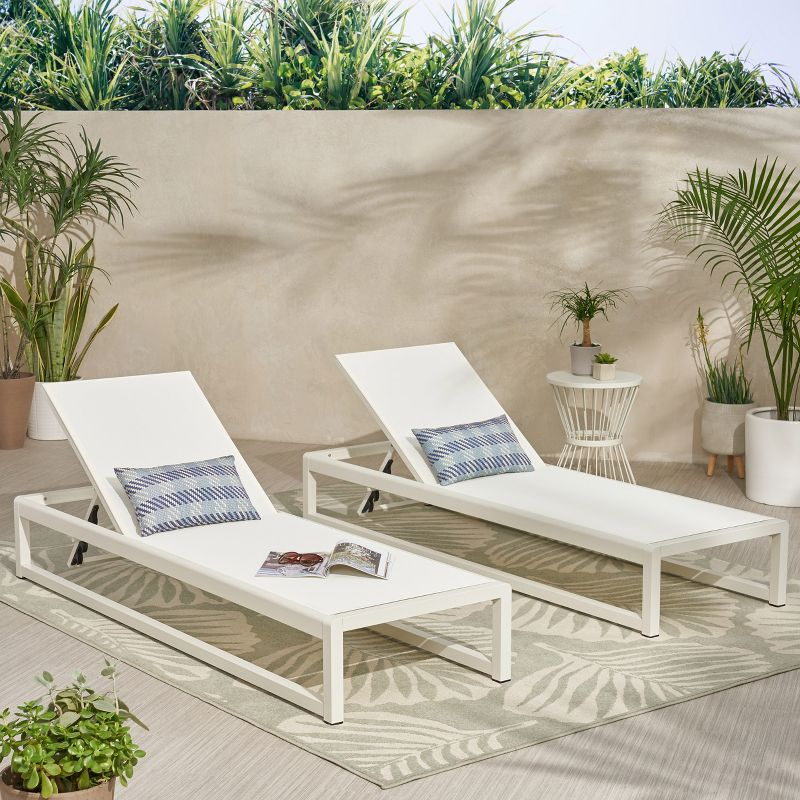 GDFStudio Camdyn Outdoor Mesh and Aluminum Armless Adjustable Chaise Lounges (Set of 2), White