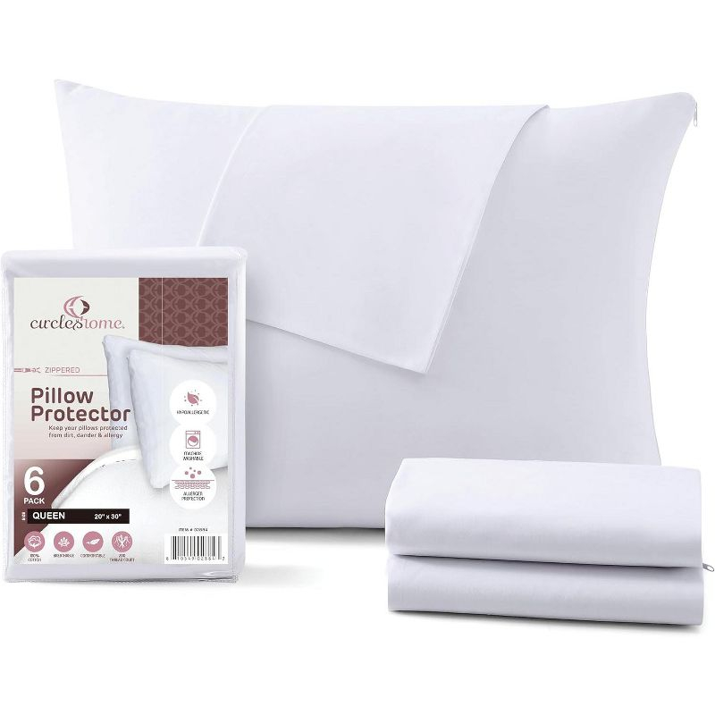 Circles Home 100% Cotton Breathable Queen Pillow Protector with Zipper – (6 Pack)