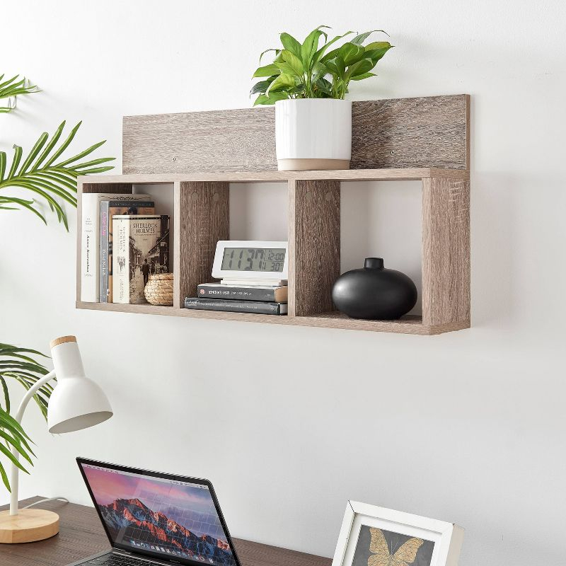 Danya B. 31.5" x 15.7" Modern 3 Cube Floating Wall Shelf with Display Ledge Weathered Oak: Laminated MDF, Iron Hardware