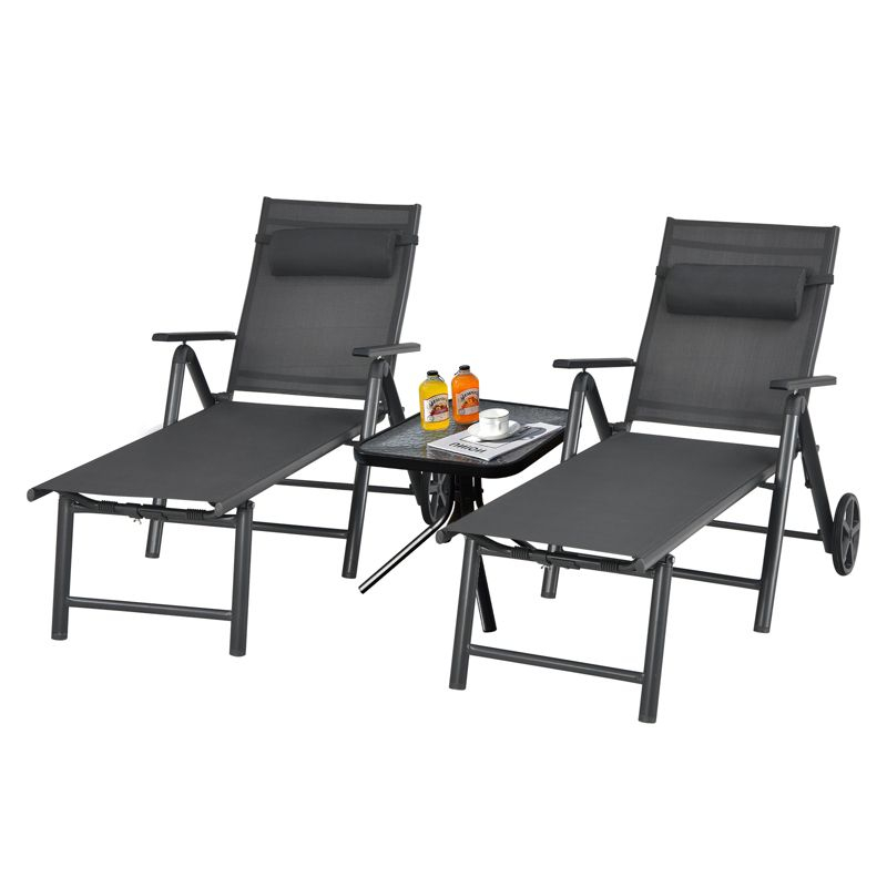 Tangkula 2 PCS Outdoor Folding Lounge Chair Patio Portable Longer w/Wheels & Adjustable Backrest