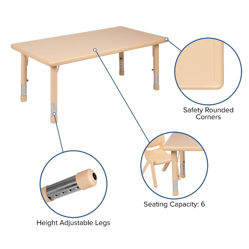 Emma and Oliver 24"W x 48"L Natural Plastic Adjustable Activity Table - School Table for 6