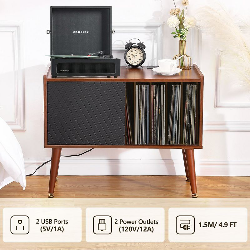 Record Player Stand with Charging Station, Vinyl Record Storage Cabinet with Sliding Door