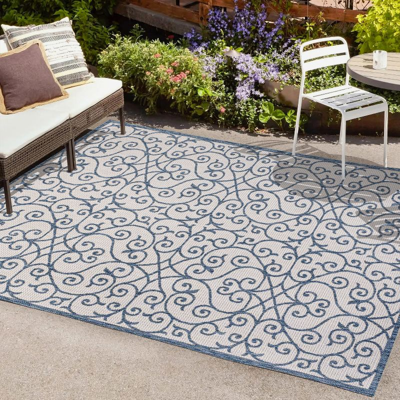4' x 6' Madrid Vintage Filigree Textured Weave Indoor/Outdoor Area Rug, Blue/Cream - JONATHAN Y