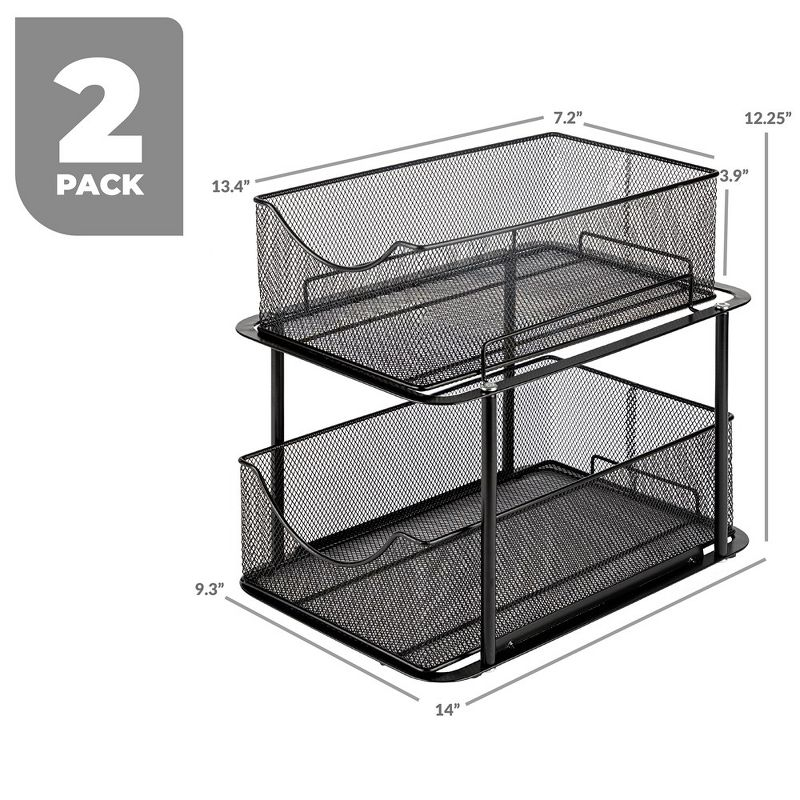 Sorbus 2 Pack 2 Tier Baskets with Mesh Sliding Drawers - Ideal Cabinet, Under the Sink, etc - Great for Bathroom, Kitchen, Office, etc. (Black)