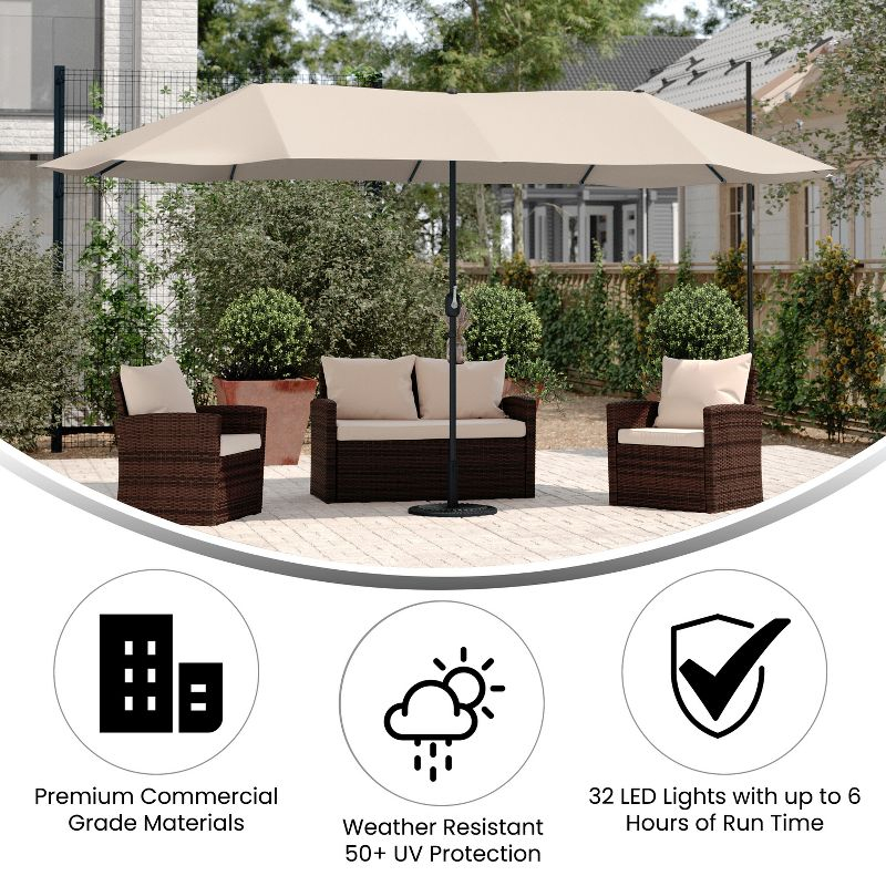 Emma and Oliver 15 FT Weather and Water-Resistant Triple Head Patio Umbrella with Crank Handle and Easy Lift in Tan