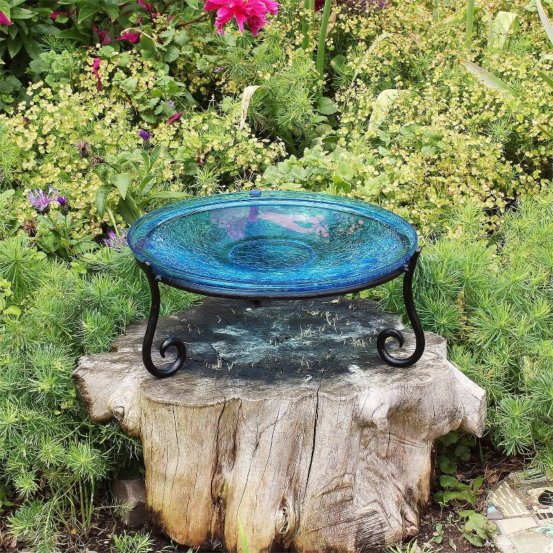 6"  Reflective Crackle Glass Birdbath Bowl with Short Stand II Teal Blue - Achla Designs