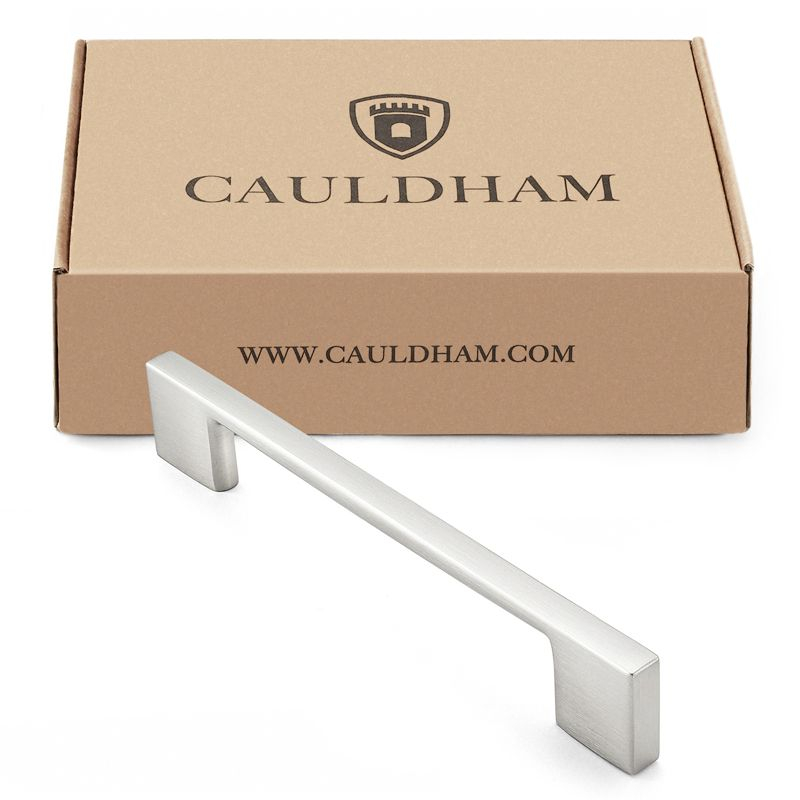 Cauldham Solid Kitchen Cabinet Pulls Handles (5" Hole Centers) - Modern Thin Profile Drawer/Door Hardware - Style M255 - Satin Nickel - 5 Pack