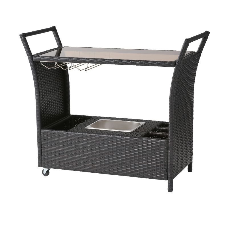 GDFStudio Lourdes Outdoor Wicker and Aluminum Serving Bar Cart, Multibrown