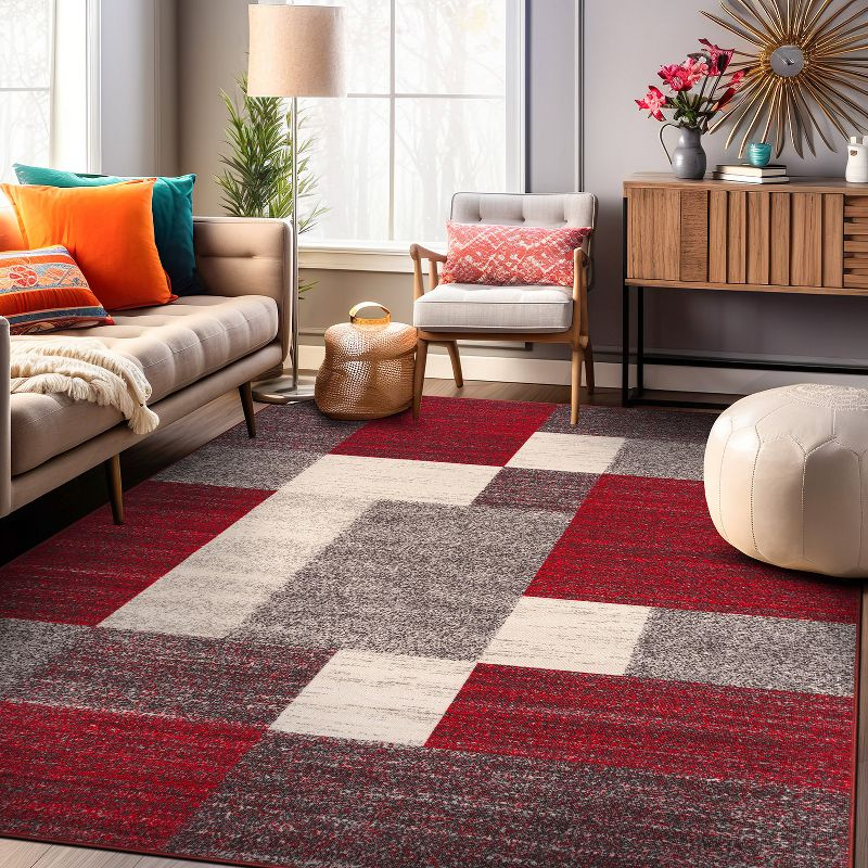 World Rug Gallery Modern Boxes Design Non-slip (Non-skid) Red 7'10" x 10' Area Rug
