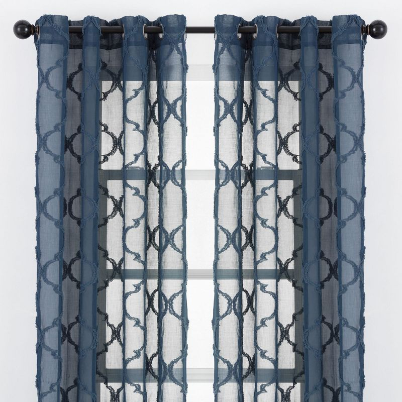 Chanasya 2pk Moroccan Embroidered Grommet Textured Sheer Window Curtain Panels - Set of 2 - 52 x 63 Inches Long - Dark Blue