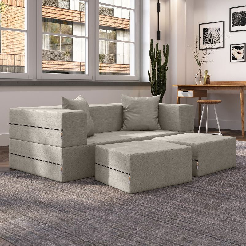 Jaxx Zipline Convertible Sleeper Loveseat & Ottomans, Textured Microvelvet - Dove Grey