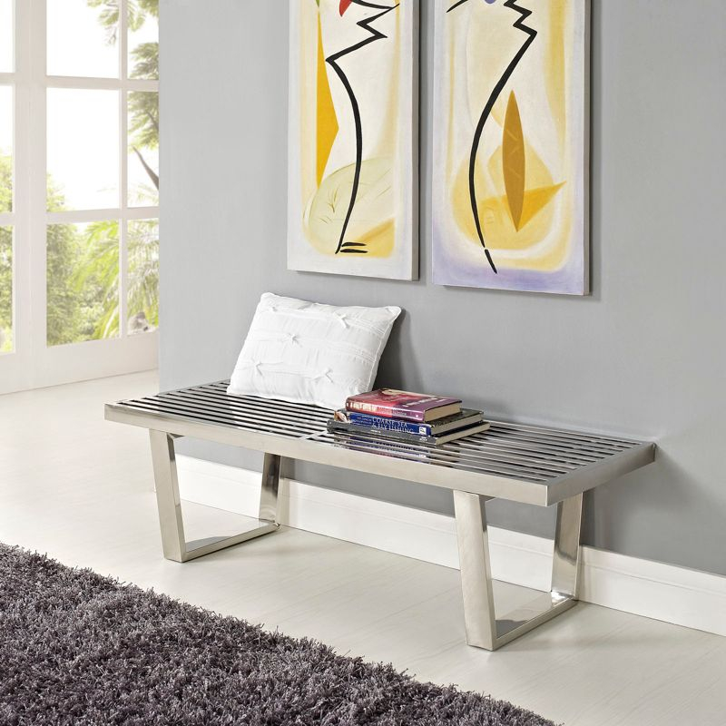 Modway Sauna 4 Stainless Steel Bench – Modern Entryway or Shower Bench with Brushed Finish and Open Slatted Design