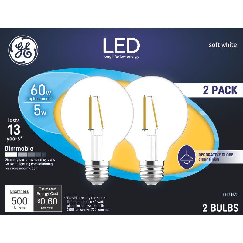 GE 2pk 60W G25 LED Globe Filament Clear Light Bulbs Soft White: Round E26 Type A, Bathroom, 500 Lumens, Energy Star Certified