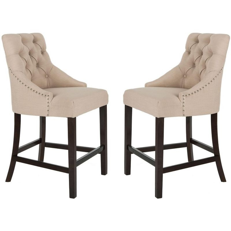 Eleni Tufted Wing Back Counter Stool (Set of 2) - BST6305 - Beige/Espresso - Safavieh