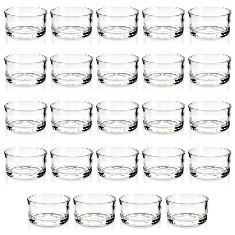 Juvale 24 Pack Clear Glass Short Tealight Candle Holders for Table Centerpieces, Wedding Receptions, Party Decorations, Restaurant Tables, 1 x 2 In