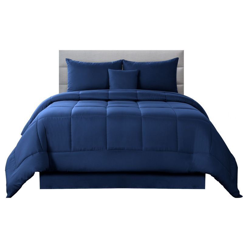 Queen Comforter Set 5Pc Down Alternative Ultra Soft Solid Comforters with Shams, Decorative Pillow & Bed Skirt - Navy