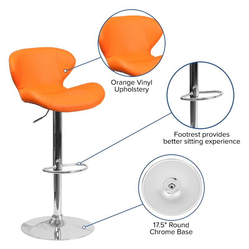 Flash Furniture Contemporary Orange Vinyl Adjustable Height Barstool with Curved Back and Chrome Base
