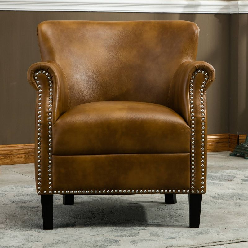 Comfort Pointe Holly Club Chair Camel: Upholstered Nailhead Trim, Faux Leather, Sturdy Wood Frame