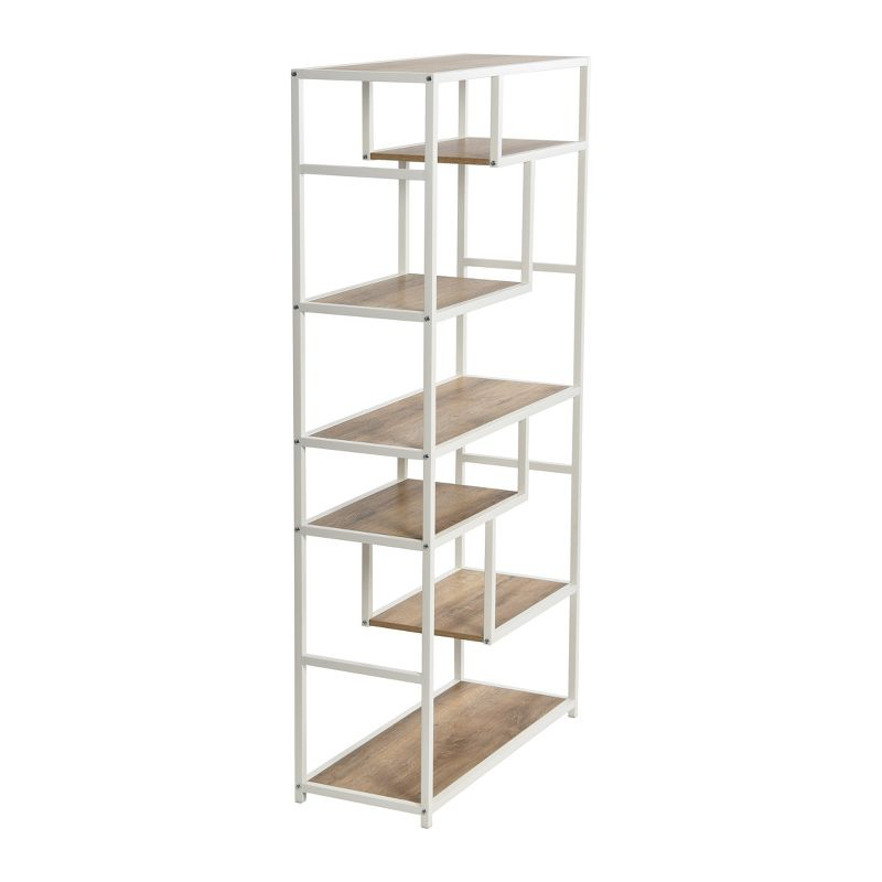 Household Essentials Jamestown Tall 6 Shelf Open Storage Bookshelf Coastal Oak Rustic Wood Grain and White Metal