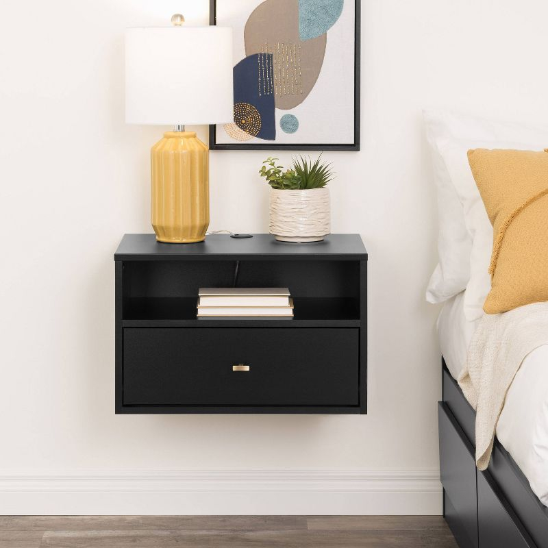 Floating 1 Drawer Nightstand with Open Shelf Black - Prepac: Modern Wall-Mounted Design, Cable Management, Laminated Surface