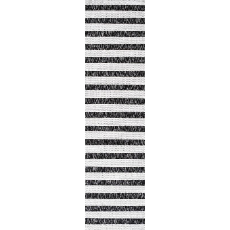 2'x8' Aveiro Wide Stripe Indoor/Outdoor Runner Rug, Black/Cream - JONATHAN Y