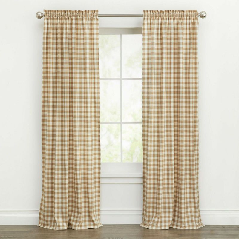 Kate Aurora Country Farmhouse Buffalo Check Plaid Gingham Single Window Curtain - 42 in. W x 63 in. L, Linen